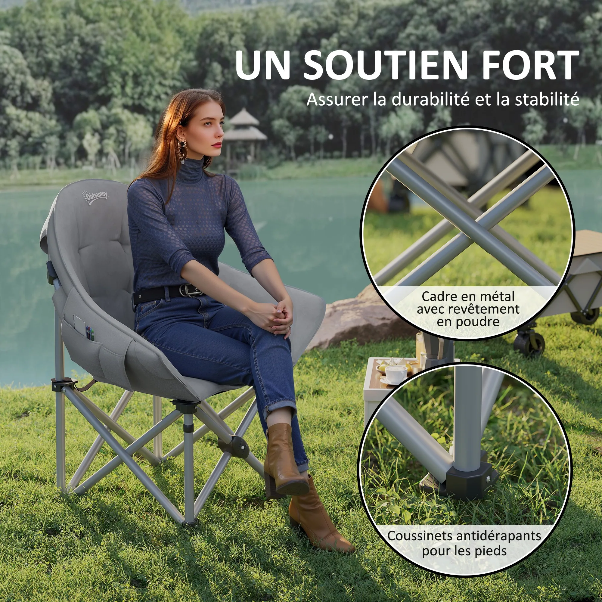 Chaise/siège/fauteuil grand confort de LUXEde camping pliante légère rembourré poches latérales et sac de transport 120 kg Outsunny – Image 4