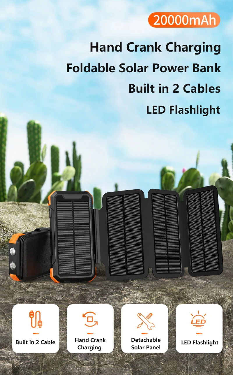 batterie/chargeur rapide solaire sans fil 20000mAh (6 panneaux solaires) manivelle – Image 12
