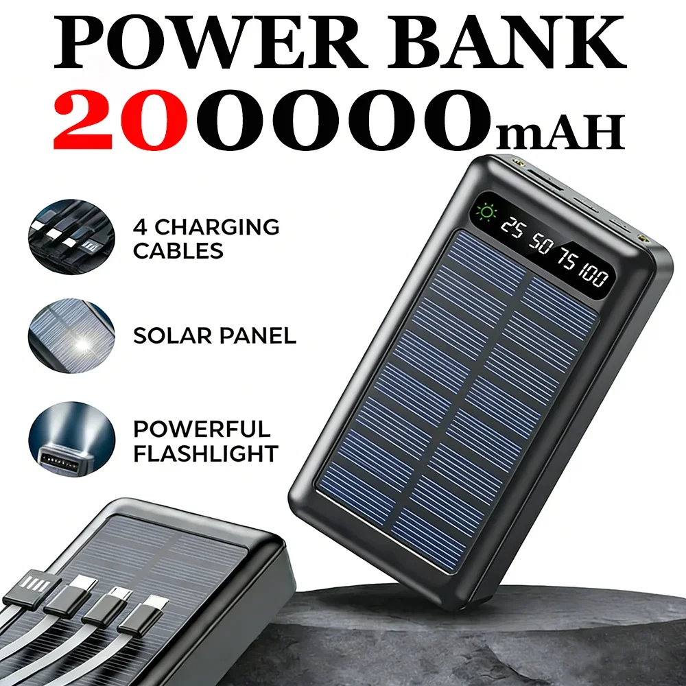 CHARGEUR solaire 200 000 mAh Charge ultra rapide 4 en 1 USB-C 4 câbles Lumière LED extérieure Ultra Capacité pour iPhone Samsung