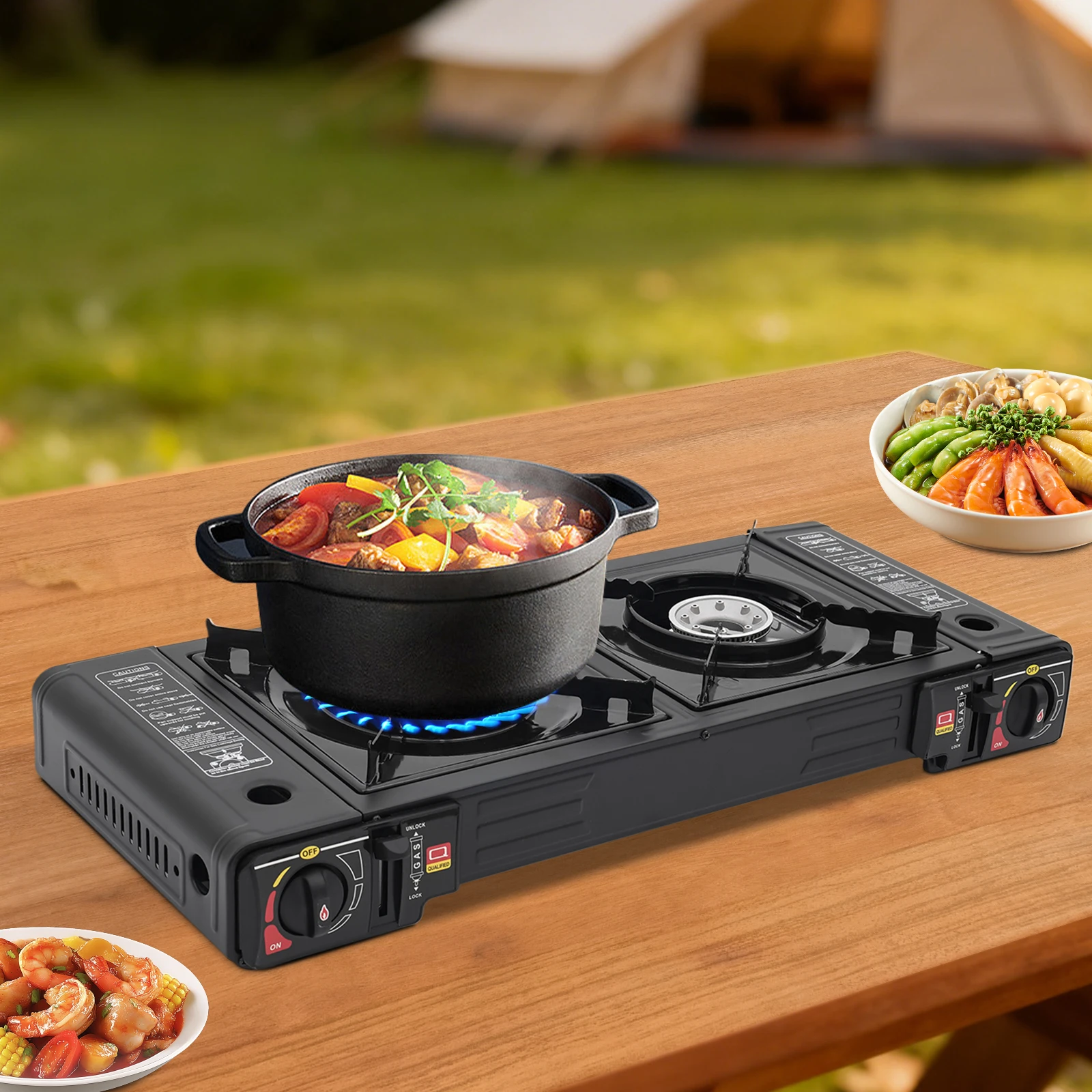 Réchaud/Cuisinière/plancha à gaz butane/propane 2 brûleurs, allumage automatique de 2,5 kW étui de transport plein air – Image 3