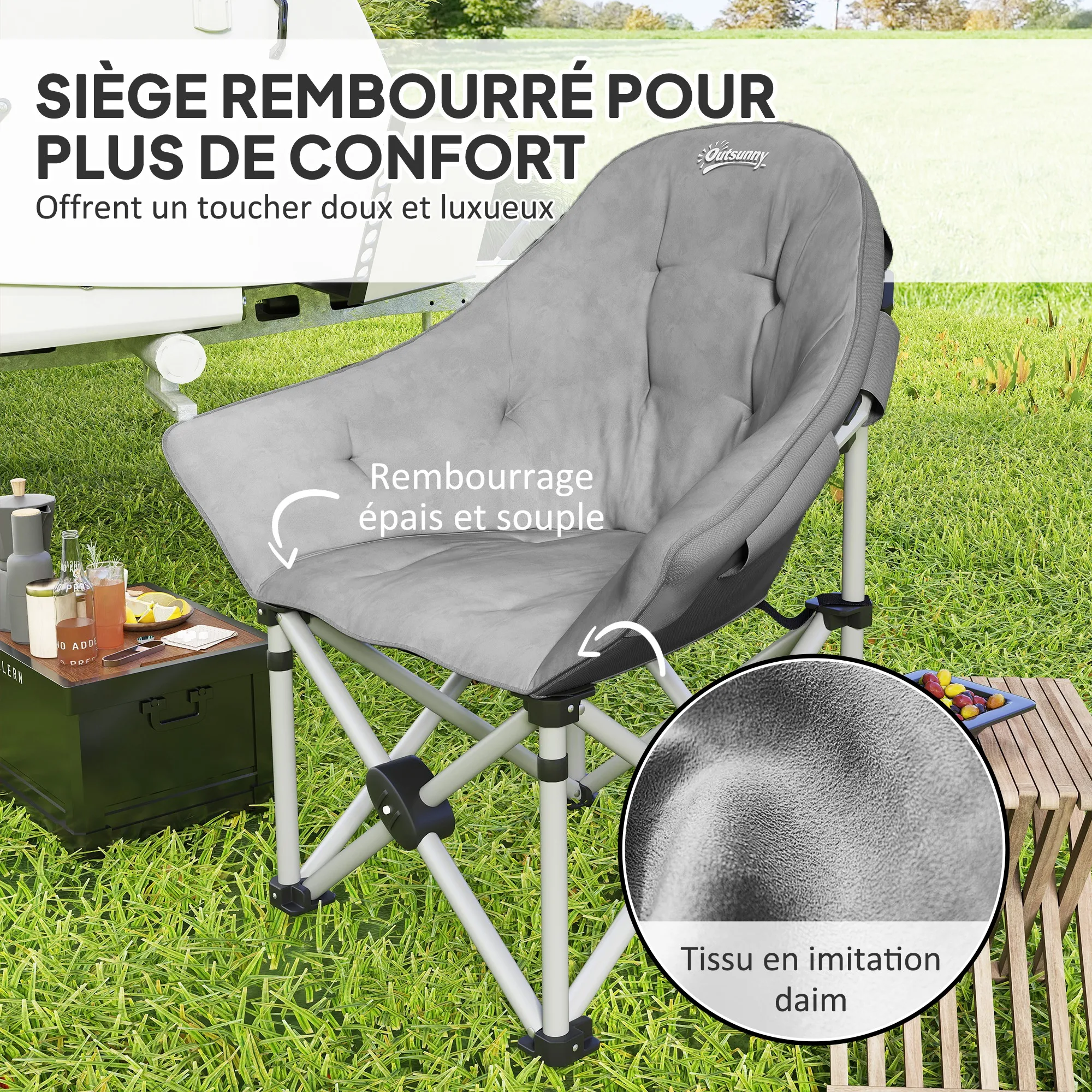 Chaise/siège/fauteuil grand confort de LUXEde camping pliante légère rembourré poches latérales et sac de transport 120 kg Outsunny – Image 3