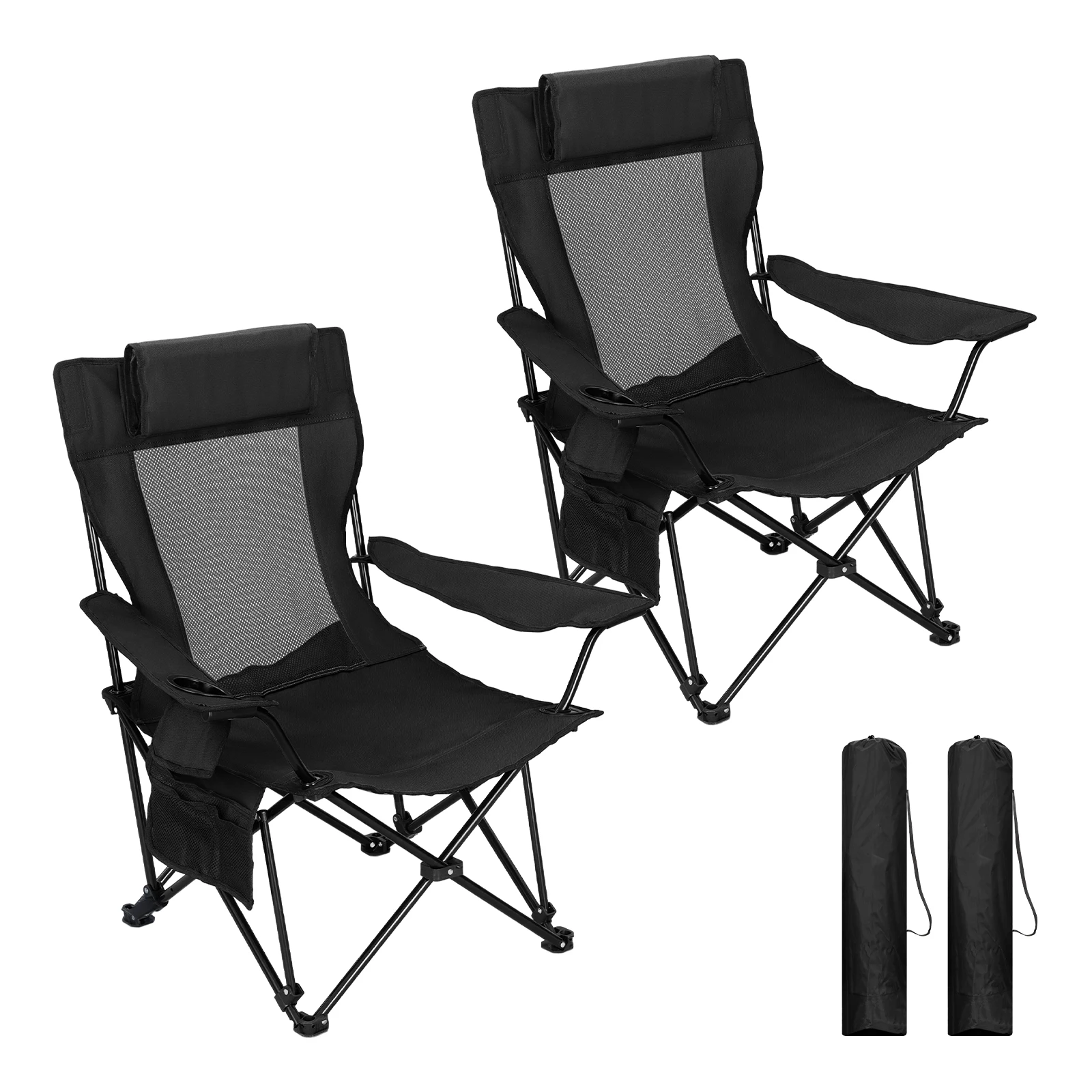 Chaise de LUXE camping pliante 1/2 pièces avec dossier réglable poches latérales porte-gobelet Appuie-tête convertible 150 KG WOLTU