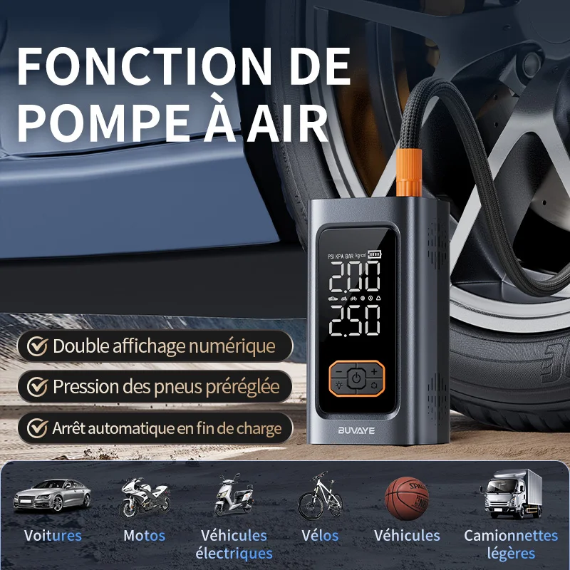 Booster démarrage d'urgence Pompe à air portable 10 000 mAh Auto 12V véhicule électrique/diesel/essence BUVAYE – Image 3