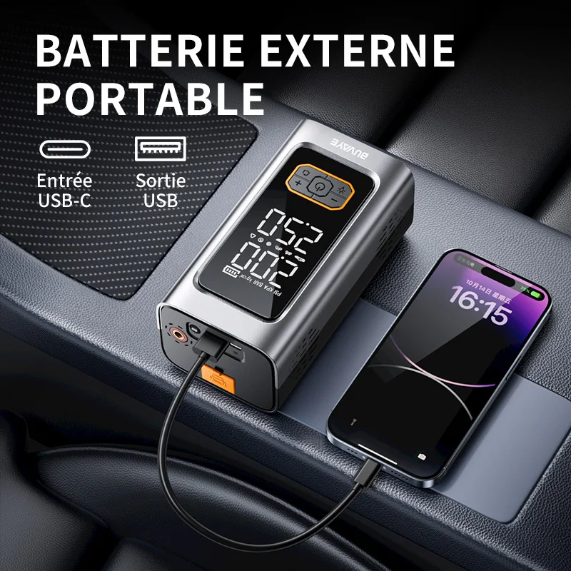 Booster démarrage d'urgence Pompe à air portable 10 000 mAh Auto 12V véhicule électrique/diesel/essence BUVAYE – Image 4