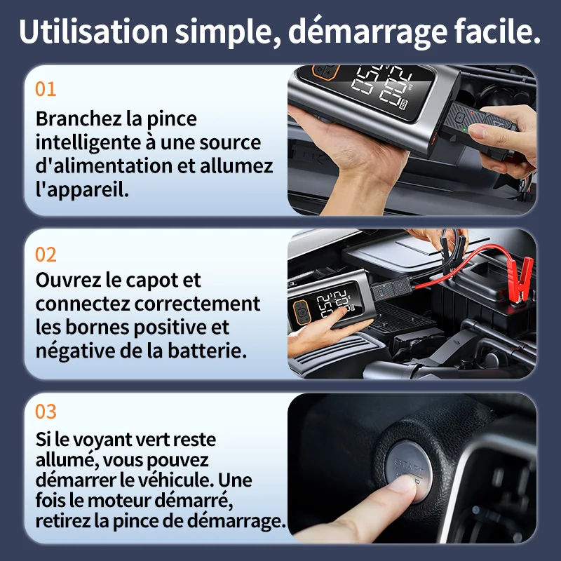Booster démarrage d'urgence Pompe à air portable 10 000 mAh Auto 12V véhicule électrique/diesel/essence BUVAYE – Image 6