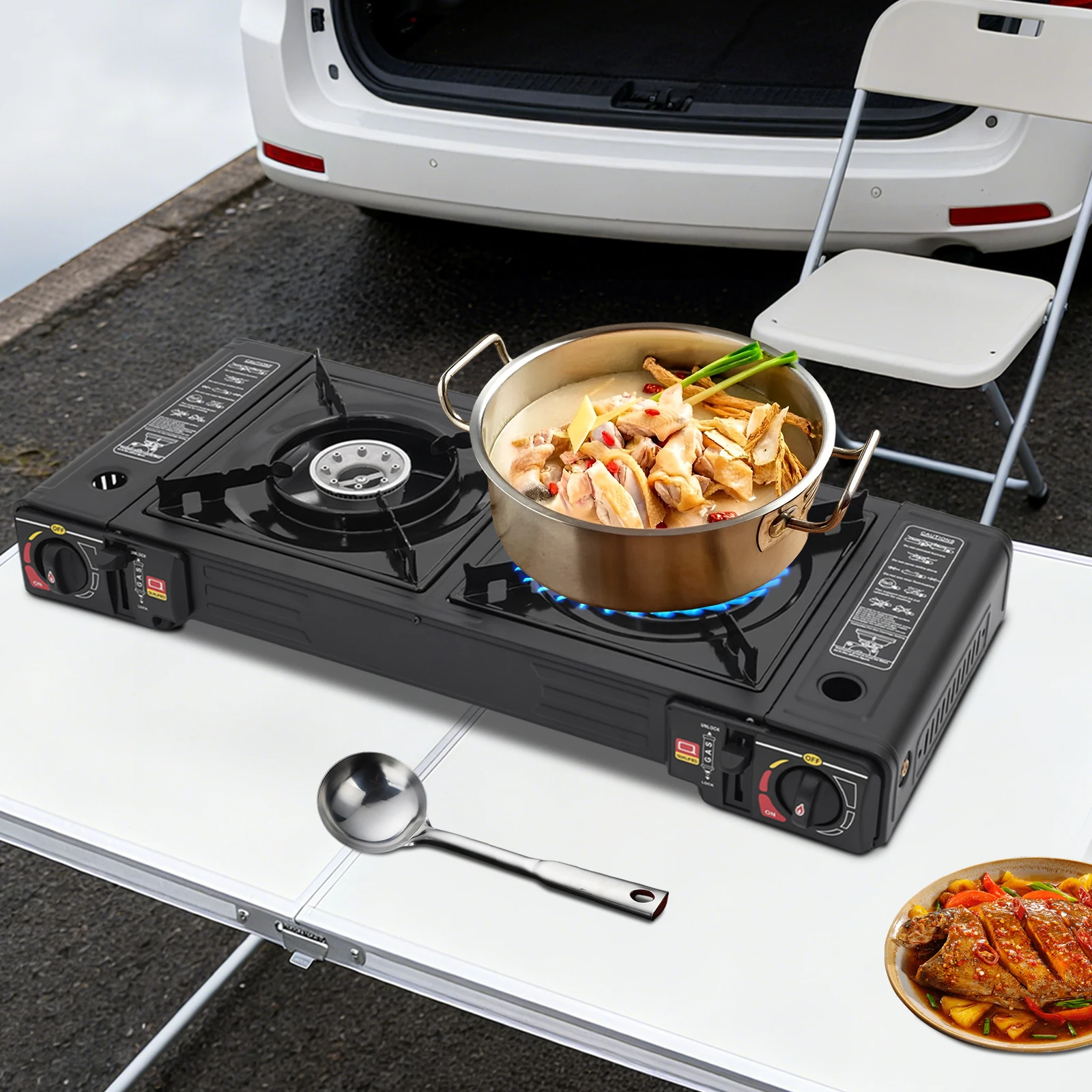 Réchaud/Cuisinière/plancha à gaz butane/propane 2 brûleurs, allumage automatique de 2,5 kW étui de transport plein air – Image 4
