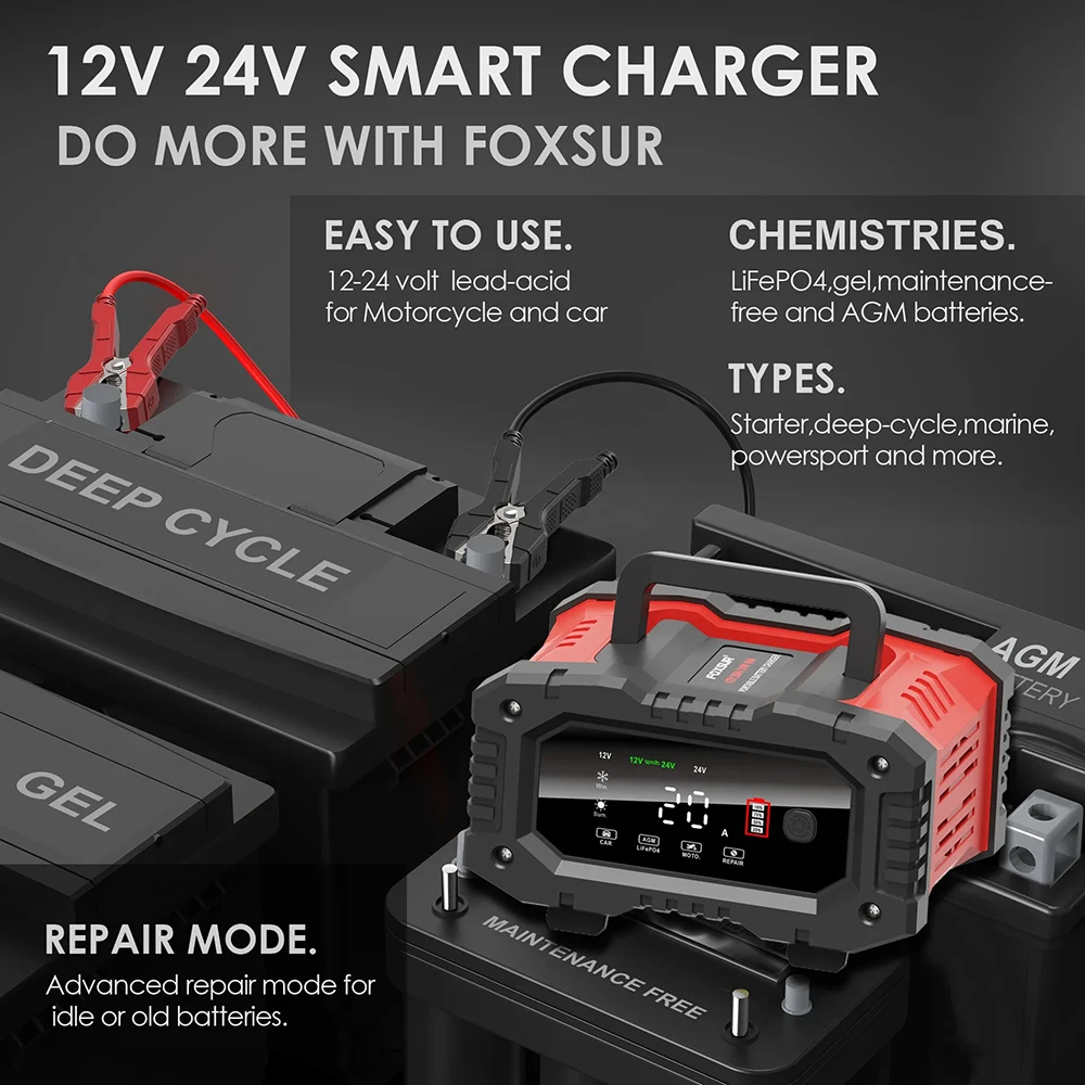 Chargeur de batterie de voiture EAFC 20 A/10 A 12 V/24 V entièrement automatique compatible toutes batteries – Image 2