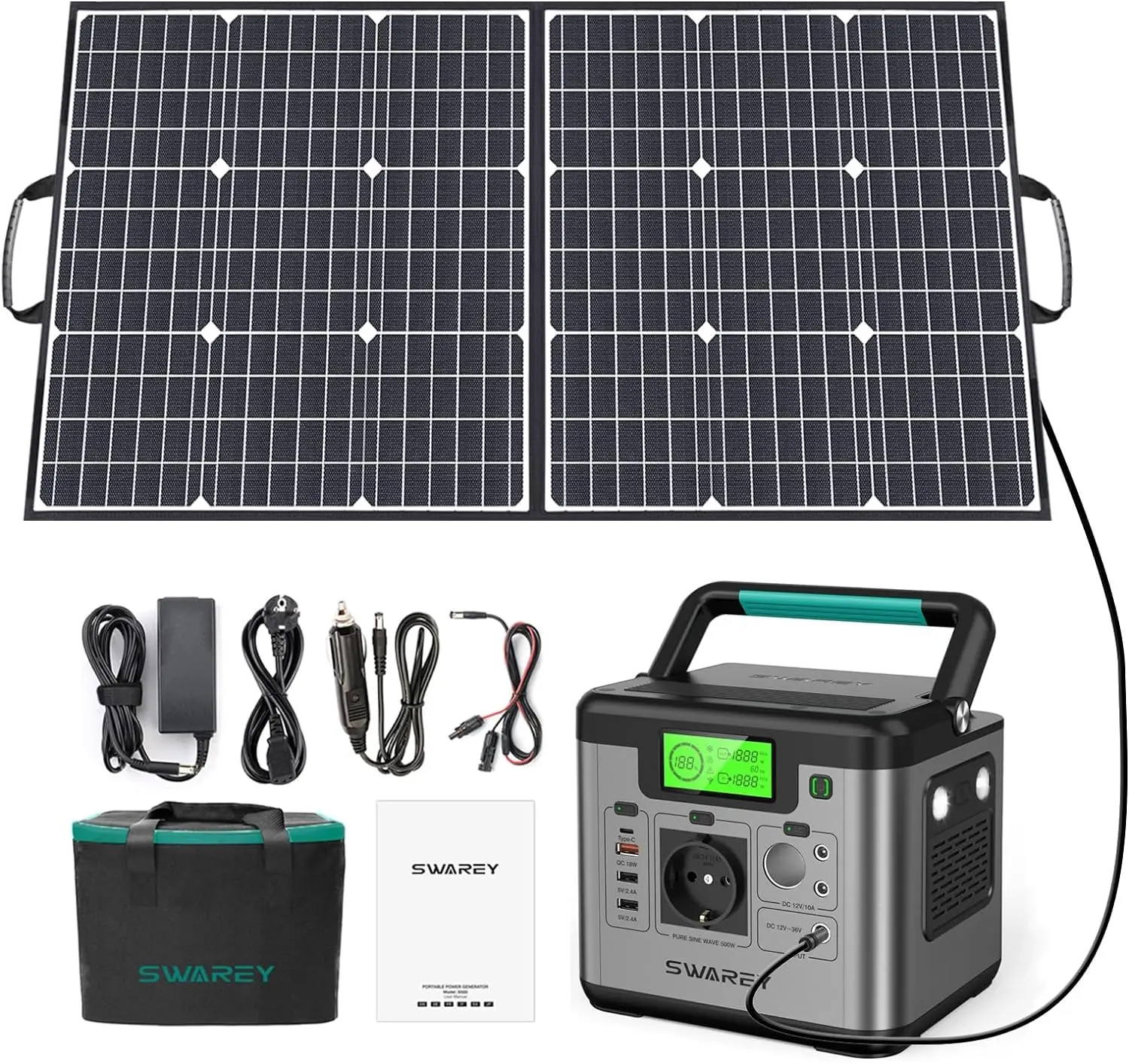 Générateur solaire 518 Wh Centrale électrique SWAREY S500 Pro 500 W (1 000 W de crête) avec panneau solaire 100 W