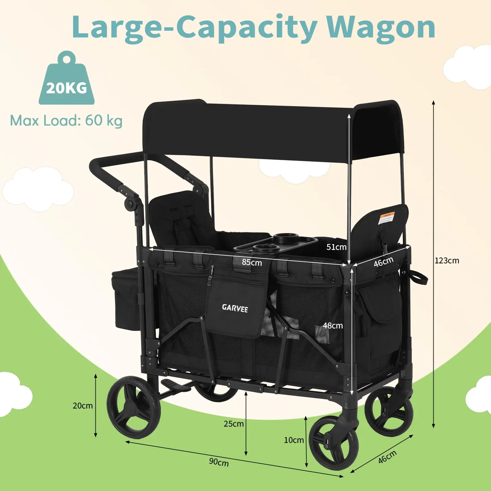 2 en 1 Poussette pliable 2 places pour bébé, chariot de plage tout-terrain harnais à 5 points 60 kg maxi – Image 2