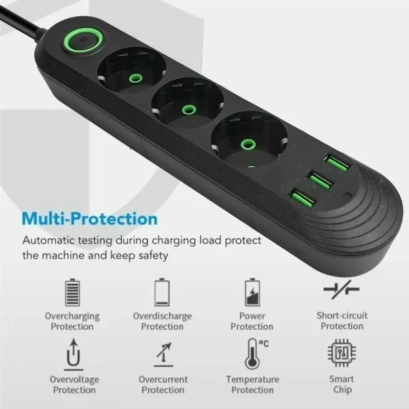Rallonge multiprise EU 2 500 W, filtre réseau EU avec ports USB – Image 6