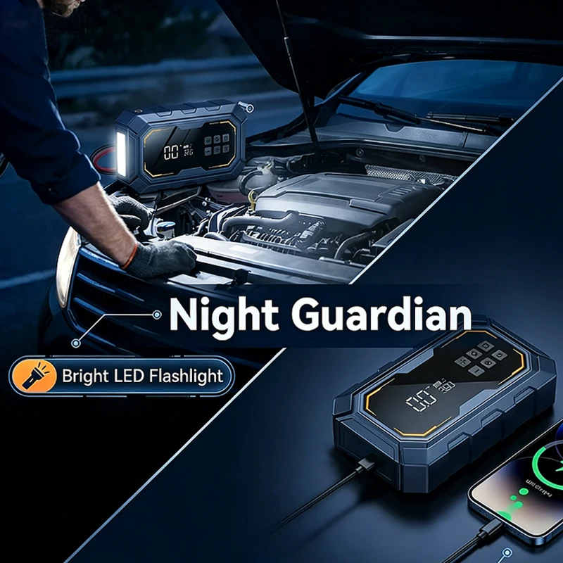 Démarreur de voiture portable 4 en 1 (Éclairage LED Compresseur gonflage et chargeur auto) 12 V – Image 2