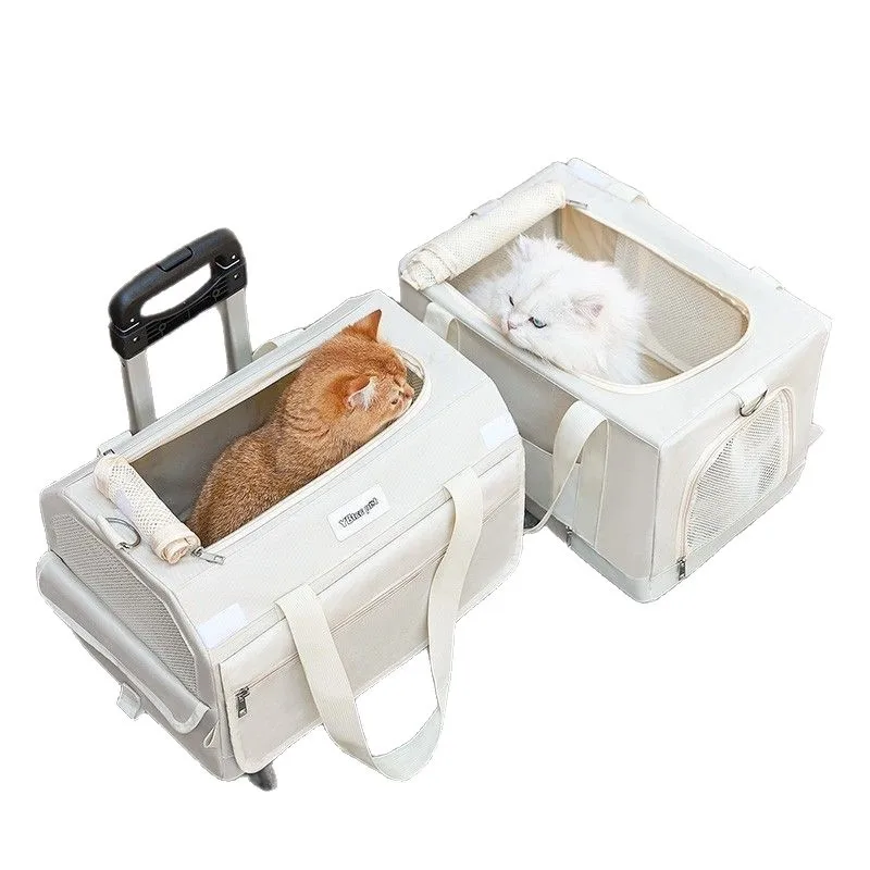 Valise/sac de portable à double couche de grande avec roulettes pour chat/chien sac à bandoulière