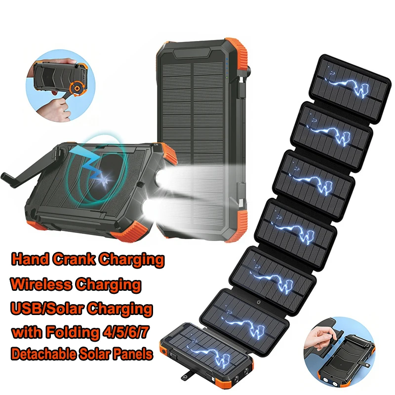 batterie/chargeur rapide solaire sans fil 20000mAh (6 panneaux solaires) manivelle