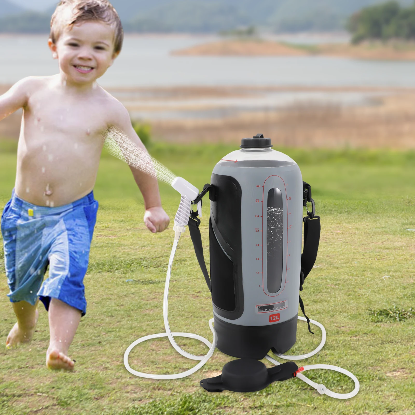 Douche de camping portable 12 L, à pression mains libres, chauffant solaire avec tuyau et valve marche/arrêt – Image 5