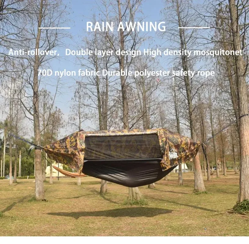 Hamac tunnel 3 en 1 anti-moustiques imperméable - Tente d'appoint entre arbre pour camping en solo, protection légère 200kg – Image 4