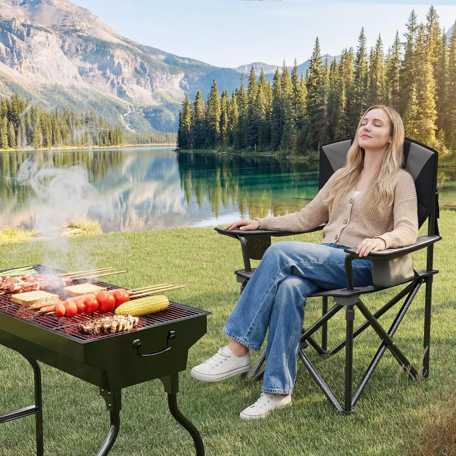1/2 Chaise/fauteuil camping adultes pliable résistant 200 kg, pour camping peche plein air – Image 2