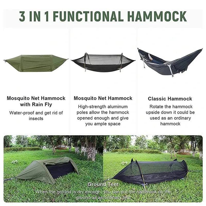 Hamac tunnel 3 en 1 anti-moustiques imperméable - Tente d'appoint entre arbre pour camping en solo, protection légère 200kg – Image 3
