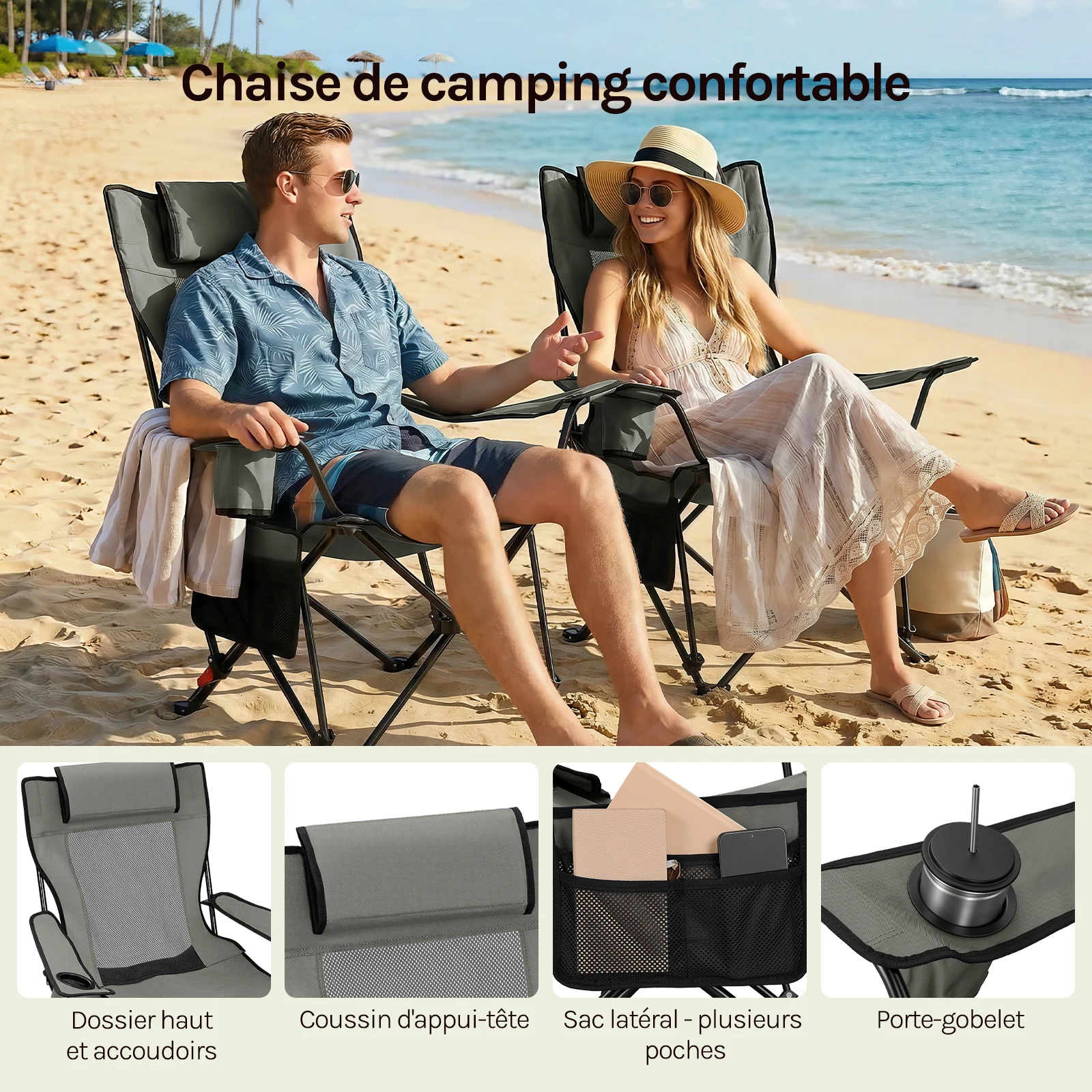 Chaise de LUXE camping pliante 1/2 pièces avec dossier réglable poches latérales porte-gobelet Appuie-tête convertible 150 KG WOLTU – Image 6
