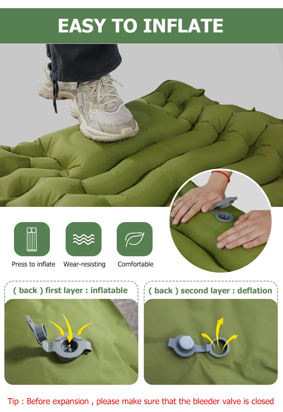 Matelas gonflable de camping épais avec oreiller intégré à pompe – Image 12