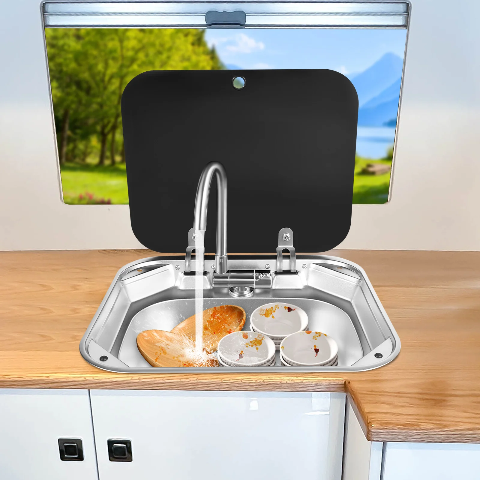 en pouce Kit d'évier encastrable avec robinet de régulation chaud et froid Robinet pliant pour camping-cars, bars, hôtels, cafés, etc – Image 2