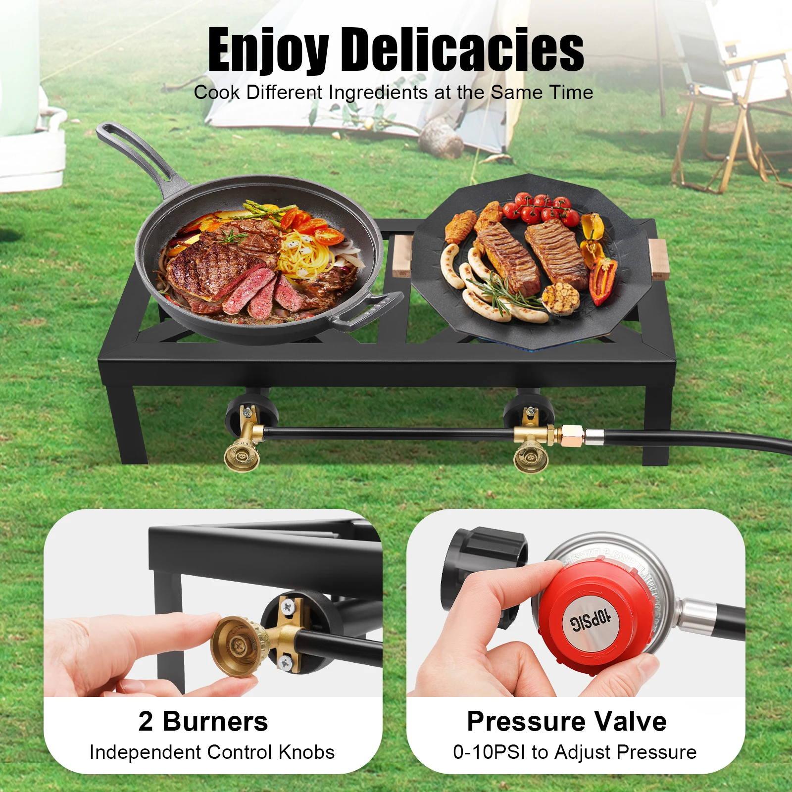 Cuisinière/réchaud à gaz double brûleur 8 000 W, propane avec tuyau régulateur réglable plein air bouteille à distance – Image 2