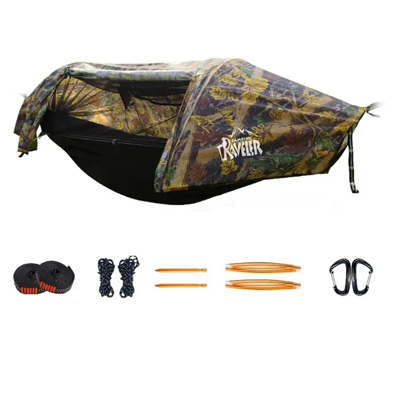 Hamac tunnel 3 en 1 anti-moustiques imperméable - Tente d'appoint entre arbre pour camping en solo, protection légère 200kg – Image 6