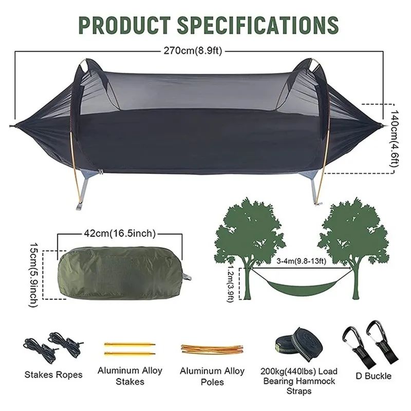 Hamac tunnel 3 en 1 anti-moustiques imperméable - Tente d'appoint entre arbre pour camping en solo, protection légère 200kg – Image 2