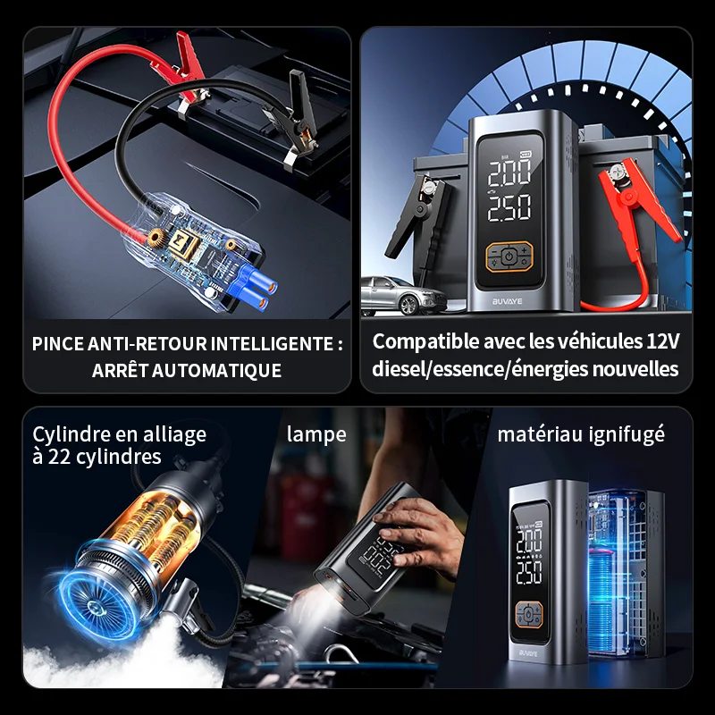 Booster démarrage d'urgence Pompe à air portable 10 000 mAh Auto 12V véhicule électrique/diesel/essence BUVAYE – Image 5